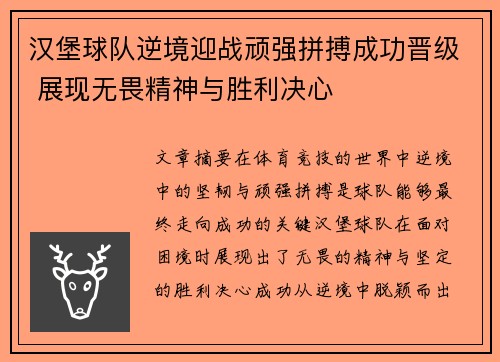 汉堡球队逆境迎战顽强拼搏成功晋级 展现无畏精神与胜利决心