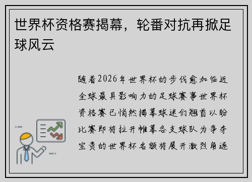 世界杯资格赛揭幕，轮番对抗再掀足球风云