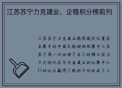 江苏苏宁力克建业，企稳积分榜前列