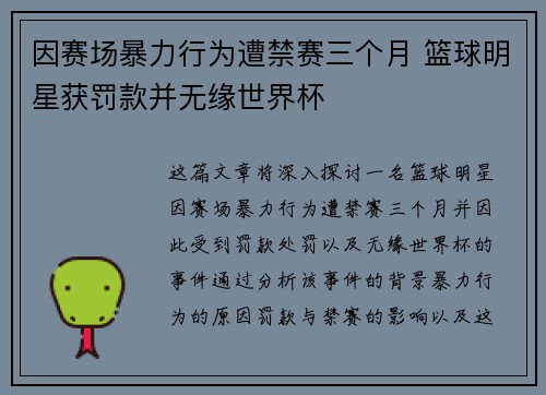 因赛场暴力行为遭禁赛三个月 篮球明星获罚款并无缘世界杯