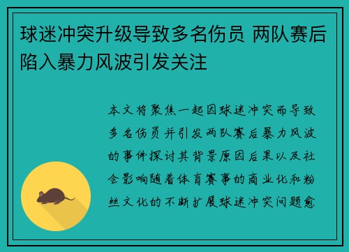球迷冲突升级导致多名伤员 两队赛后陷入暴力风波引发关注