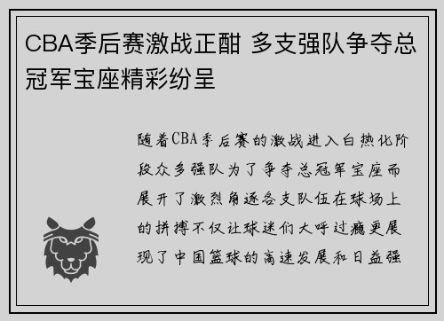 CBA季后赛激战正酣 多支强队争夺总冠军宝座精彩纷呈