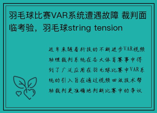羽毛球比赛VAR系统遭遇故障 裁判面临考验，羽毛球string tension